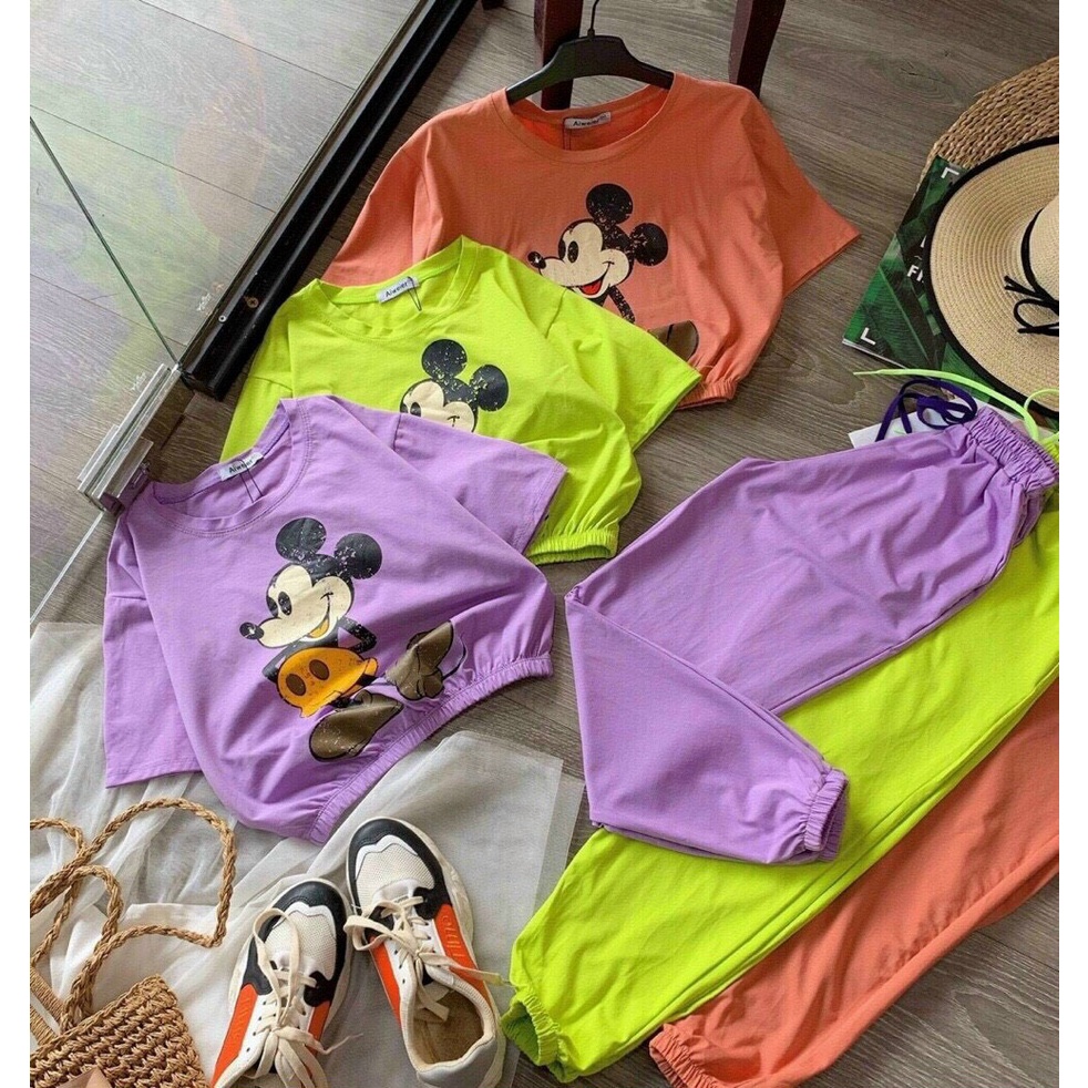 Set bộ da cá in mickey, bộ thun croptop tay ngắn in hình chuột quần ống túm đi chơi cá tính