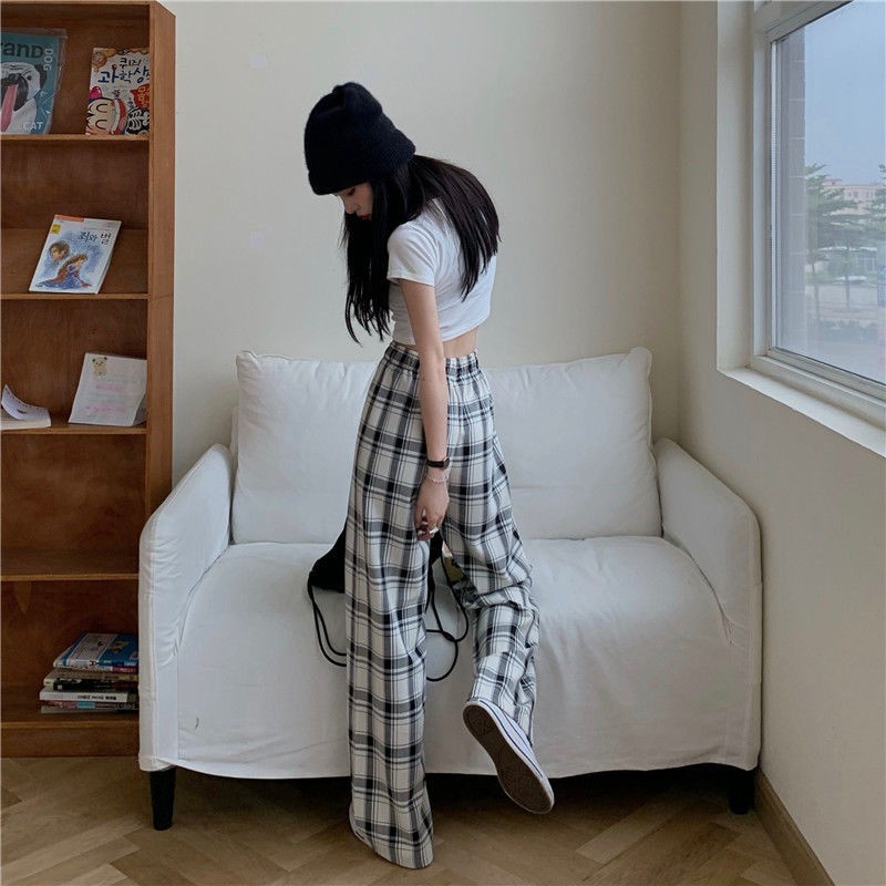 Plaid pants women loose straight 2021 new summer thin casual pants high waist thin mopping pants trend