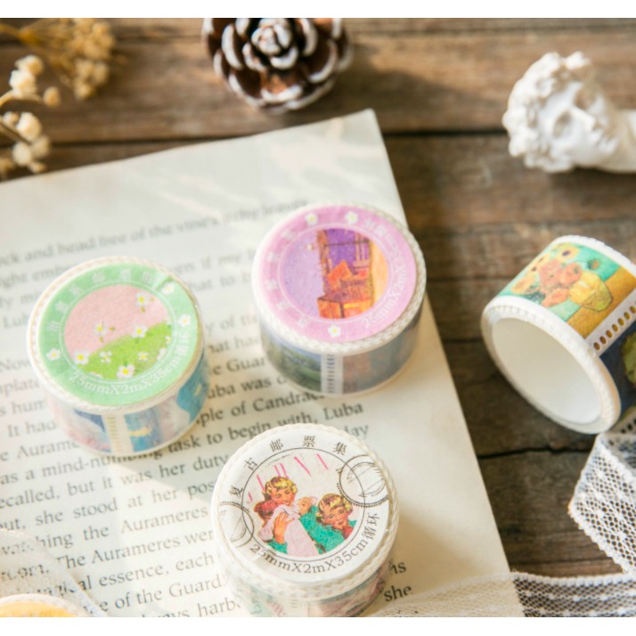 Cuộn stamp stickers/ sticker washi tape nhiều phong cách: cô gái dễ thương, vintage, tranh phong cảnh, tranh Van Gogh