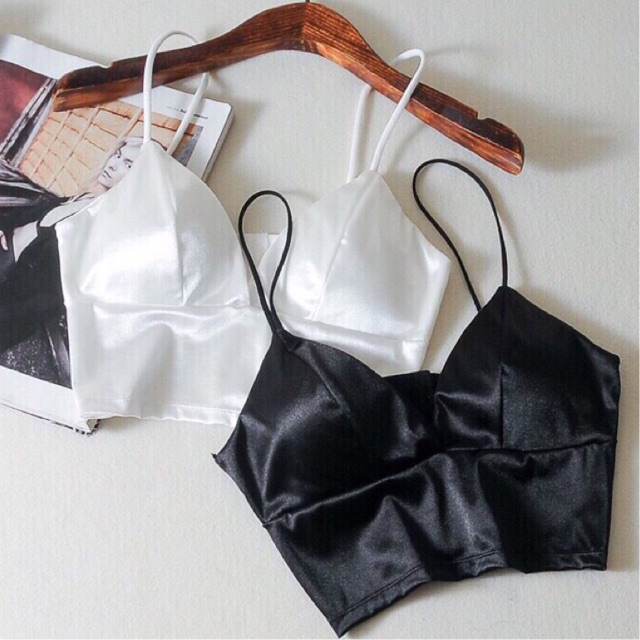 Áo 2 dây nữ kiểu Bra cổ V croptop chất vải phi lụa bóng có mút lót ngực sexy