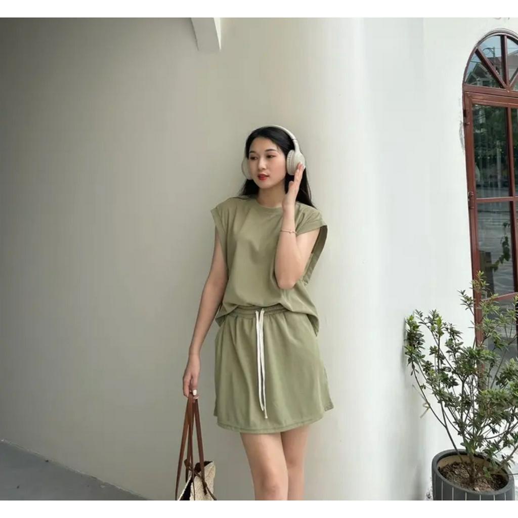 Set áo tank top tay hến chất thu tổ ong kèm chân váy thời trang - 29feb.closet - S97