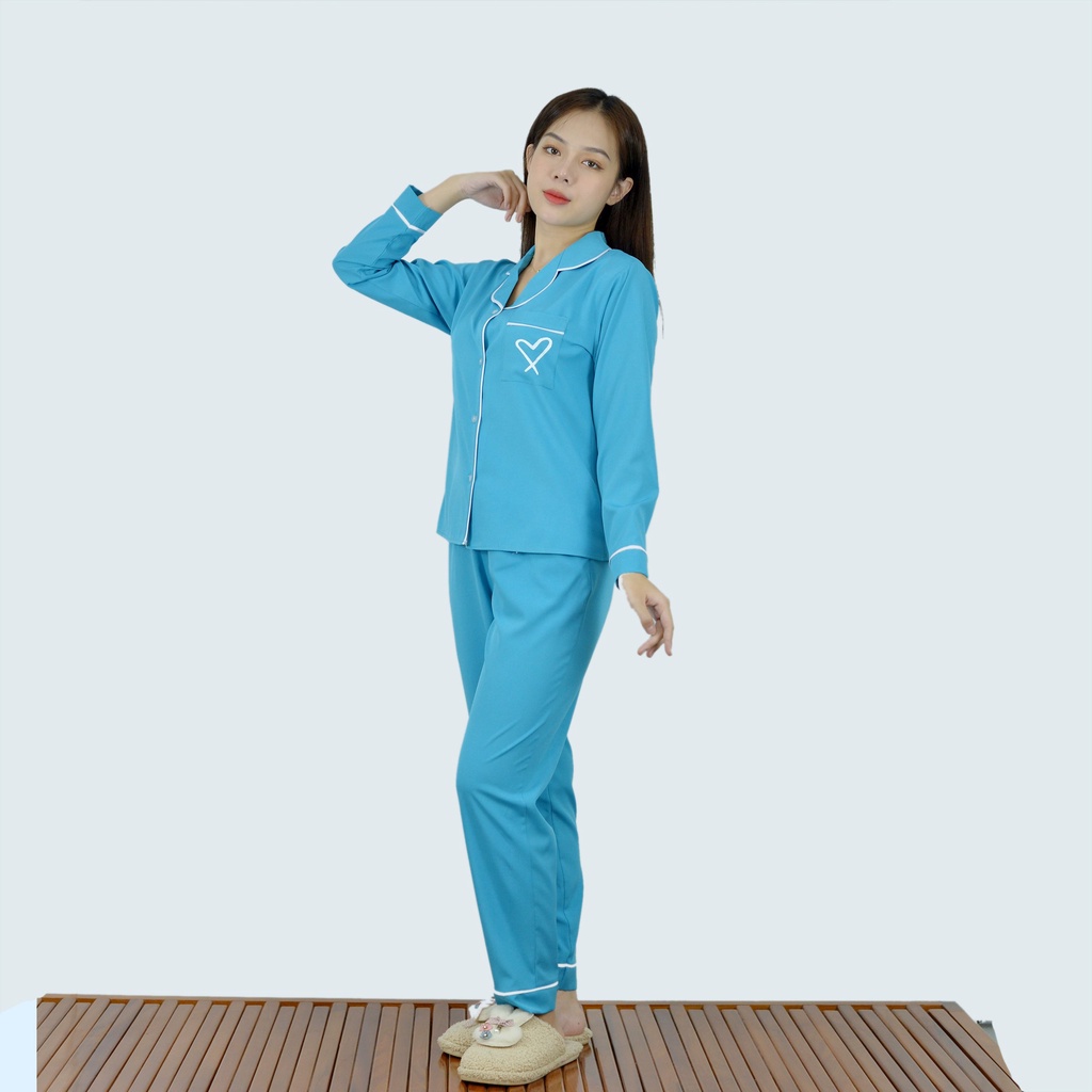Bộ đồ bộ Pijama màu XANH TRÁI TIM TÚI tay dài quần dài lụa cao cấp - Thoải Mái Nhẹ Nhàng