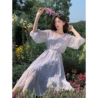 Đầm midi chiffon cổ chữ v in họa tiết hoa tím phong cách mùa hè mới