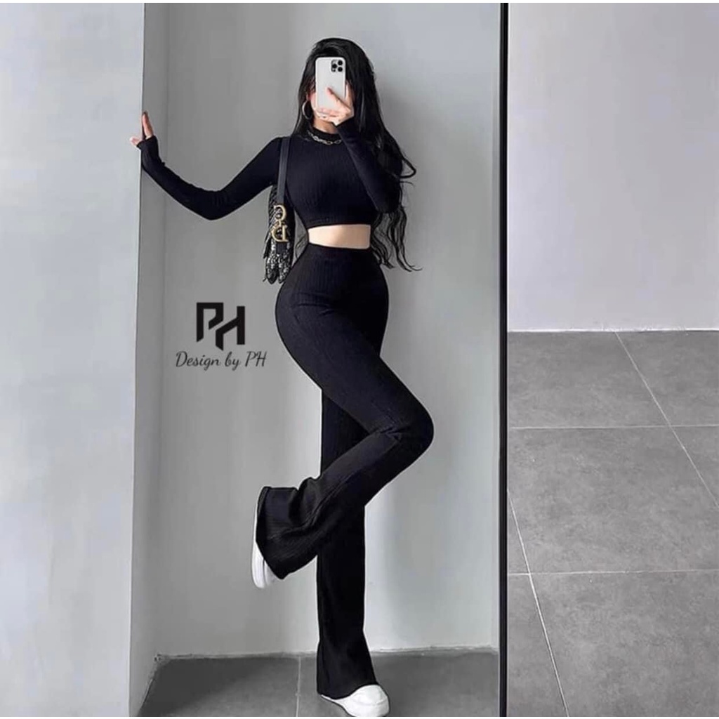 Quần ống loe Legging cạp cao dáng dài chất liệu Cotton co giãn 4 chiều