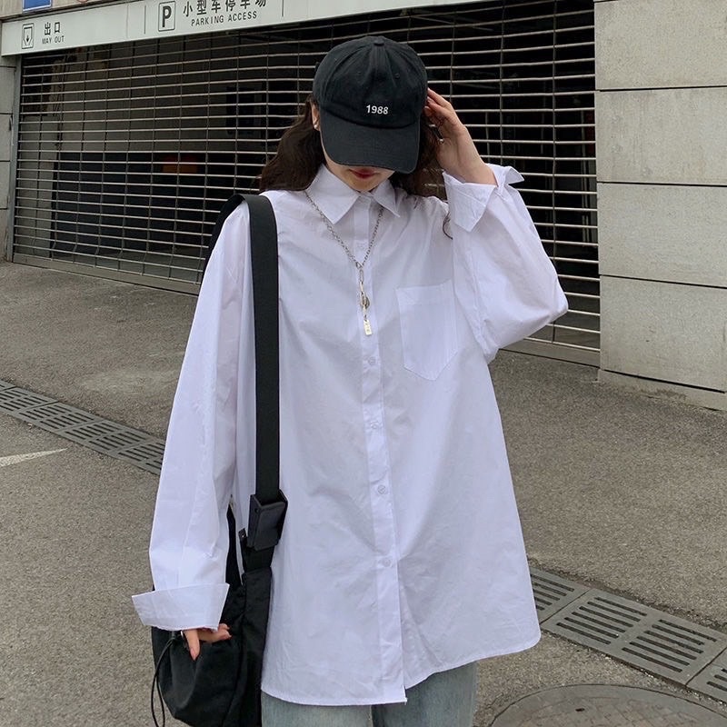 Áo Sơ Mi Trắng Dài Tay Túi Ngực- Áo Sơ Mi Đi Học Chất Dày Đẹp Unisex Form Rộng Ulzzang