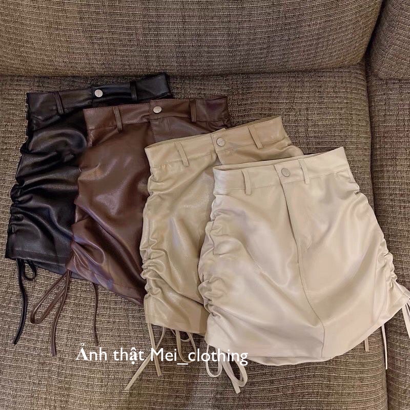 [Ảnh thật/hàng QC] Chân váy da có dây rút hông sang chảnh/ chân váy có lót trong không sợ lộ