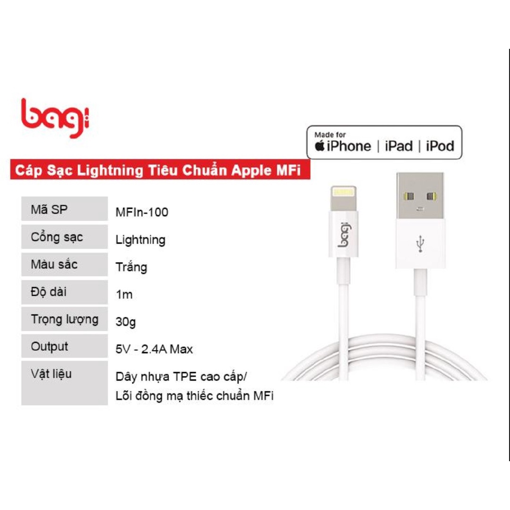 Cáp sạc Lightning Bagi MFI-n100 (Chính hãng)