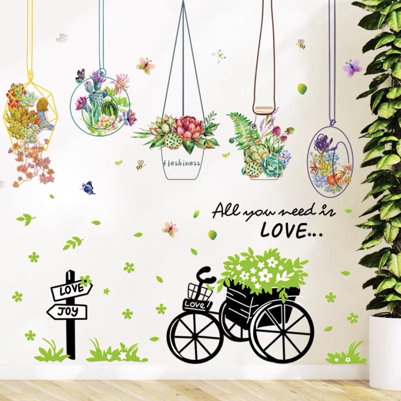 Decal dán tường, Tranh dán tường giỏ hoa và xe đạp xanh