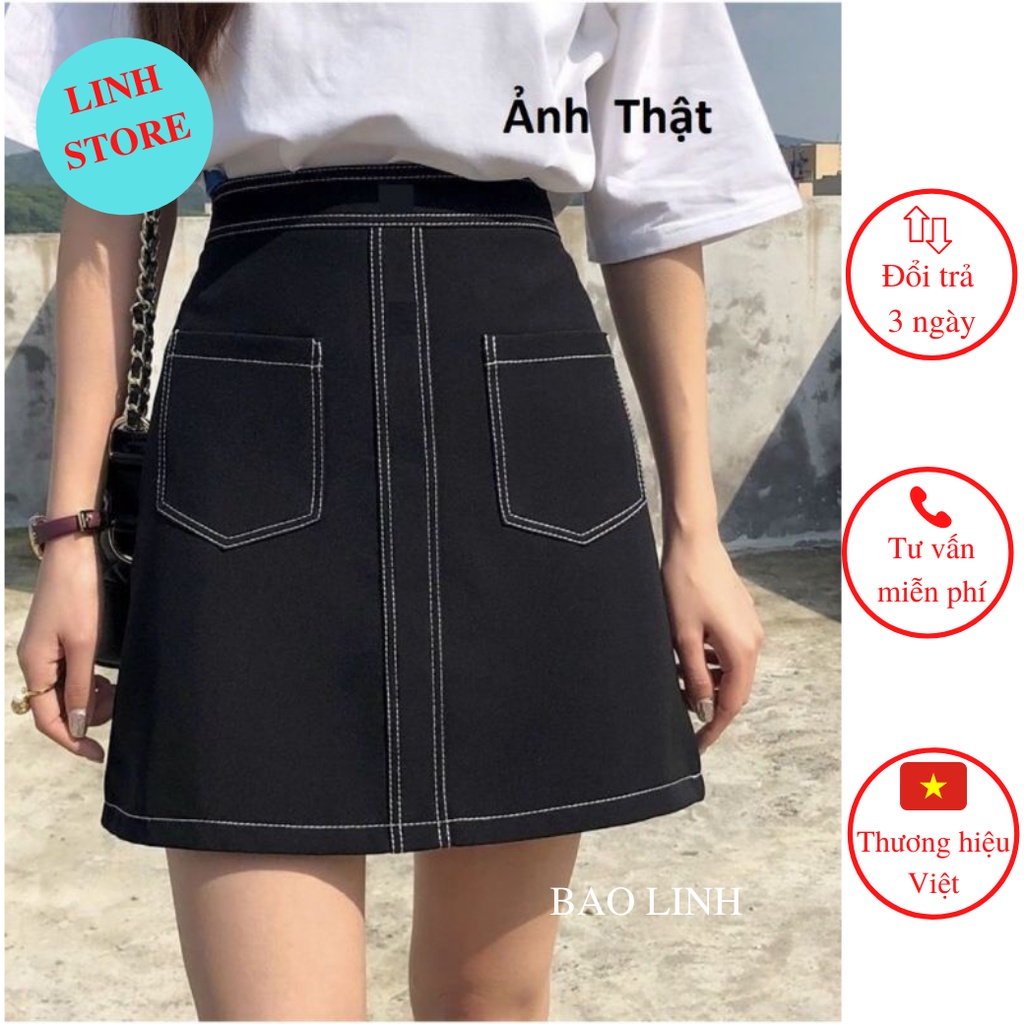 Chân Váy Công sở chữ A LINH STORE Lưng Cao Viền Chỉ Nổi Phối 2 Túi Có Lót Trong Chống Lộ