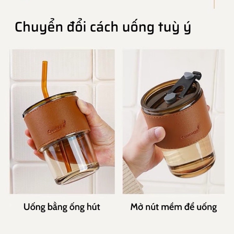 Cốc thủy tinh màu hổ phách bọc da có nắp đậy (Tặng kèm  ống hút)