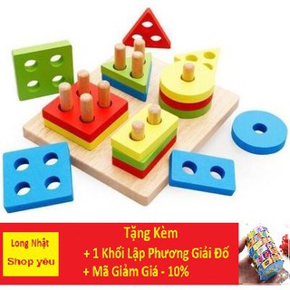 Đồ Chơi Gỗ - Thả Hình, Luồn Cọc 4 Hình Khối Cơ Bản, phân biệt mầu sắc