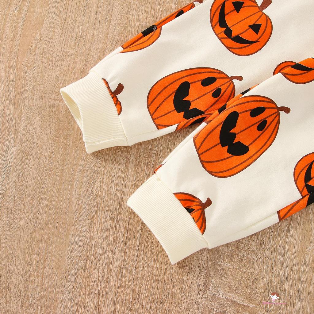 Set Áo Thun Tay Dài In Hình Bí Ngô Và Quần Dài Phong Cách Halloween Cho Bé