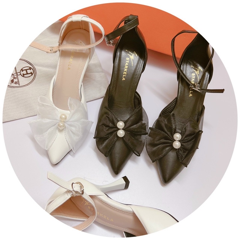 Giày sandal gót nhọn đính nơ voan 9p GIN