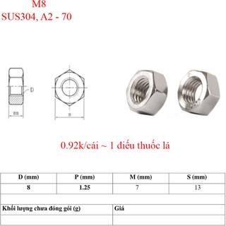 Ốc M8 *10 cái, inox304; A2 - 70