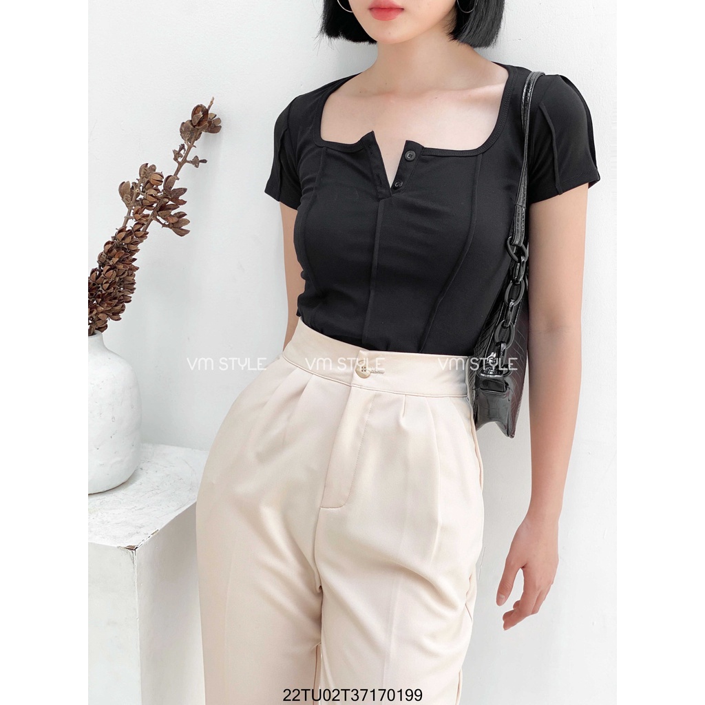 Áo thun nữ tay ngắn VM STYLE xếp li lai bầu, áo phông cộc tay thời trang ulzzang Hàn Quốc 22TU02T371701