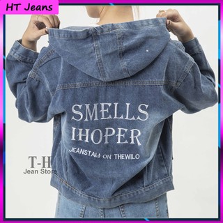 Áo Khoác Jean bò Nữ Có Mũ Phối Chữ Smell Ihoper  phong cách ulzzang chống nắng -HT