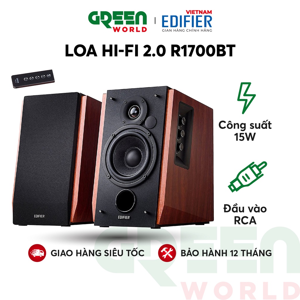 Bộ loa không dây Bluetooth EDIFIER 2.0 R1700BT - Hỗ trợ cổng cắm RCA - Có remote điều khiển - Vỏ gỗ chống dội âm