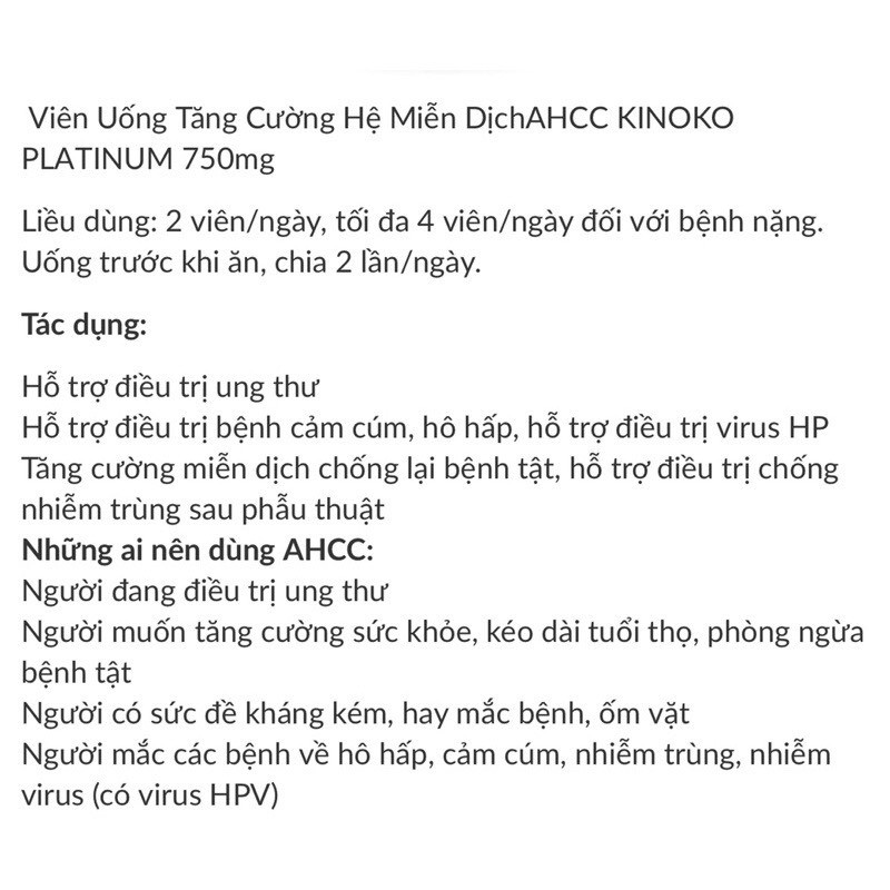 AHCC Kinoko Platinum 750mg Mỹ Tăng Cường Miễn Dịch Đào Thải HPV - 60 Viên