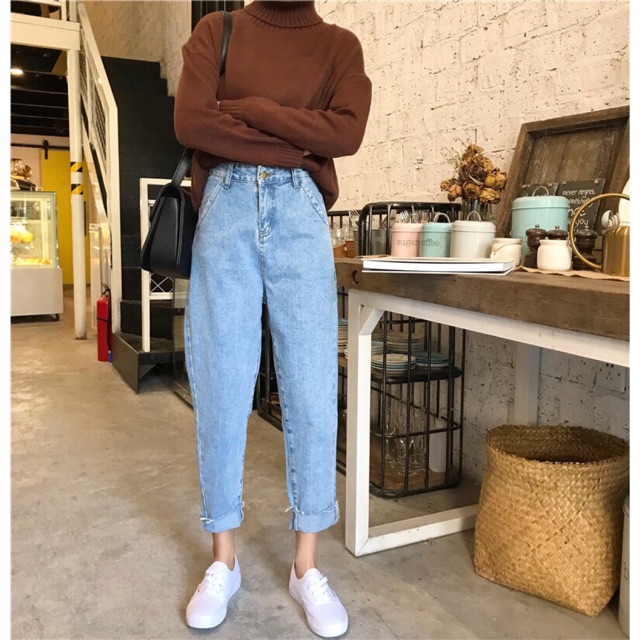 Quần baggy jeans lưng cao ống tua trơn ulzzang kèm ảnh thật