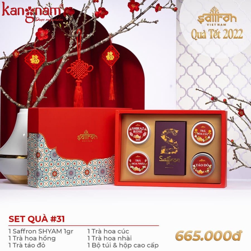 [Set 31] Set Quà Tết Cao Cấp Nhụy Hoa Nghệ Tây Saffron Iran Chính Hãng Gồm 1gr Saffron Shyam + 4 Loại Trà Thượng Hạng