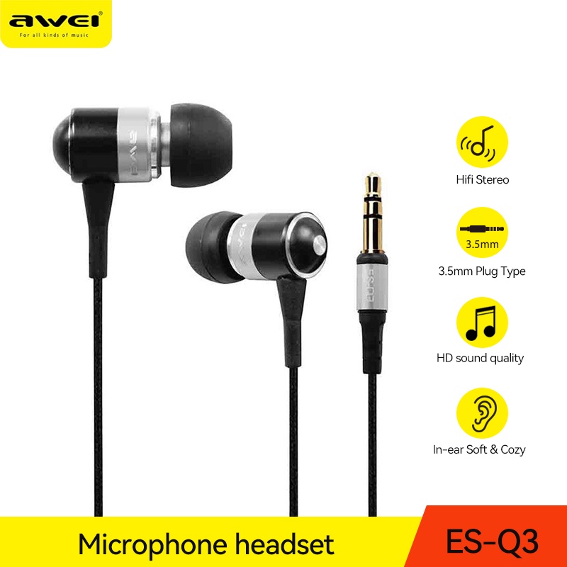 Tai nghe nhét tai có dây Awei Jack 3.5mm âm thanh siêu trầm cho Samsung