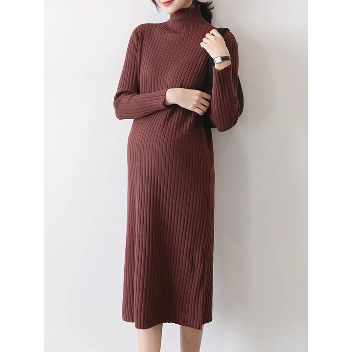 Váy bầu Body đen - Đầm bầu Body Cổ 3P Chất Len Tăm Dáng Dài tkutrang