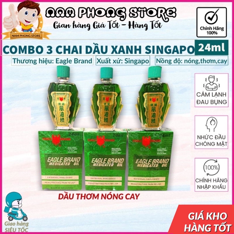 (HCM)COMBO 3 Chai Dầu Xanh Singapo 2 Nắp 24ml