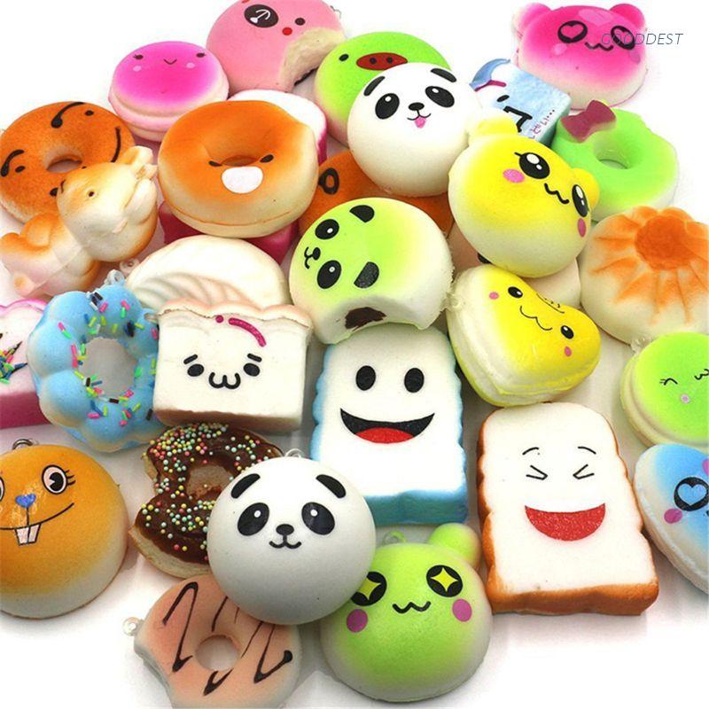 Set 5 móc chìa khóa đồ chơi bóp mềm hình đồ ăn bánh kem+gấu panda+bánh mì+donut mới dễ thương