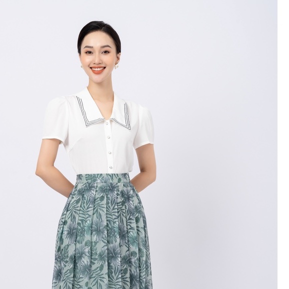 Áo sơ mi nữ FIONA cổ sen sơ mi trắng công sở tay nhún bồng măng séc cổ thêu V trẻ trung F551229