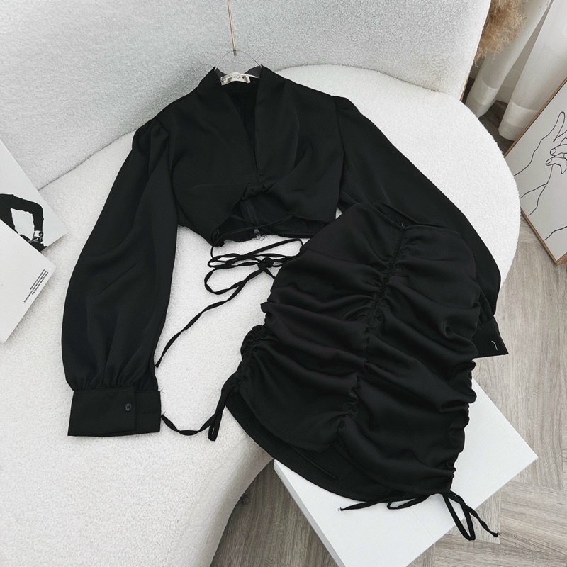 Set áo sơmi dây eo + chân váy nhún - Chitchitstore