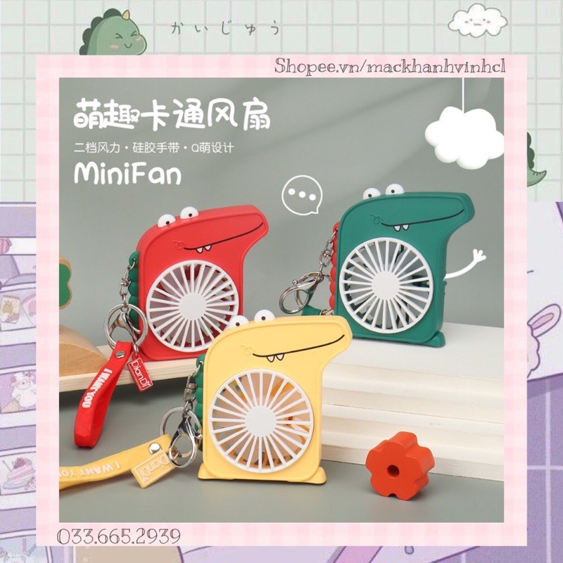 Quạt Cầm Tay Mini Tích Điện Hình Chú Khủng Long Cực Mát Có Đèn (Tặng Kèm Phụ Kiện)