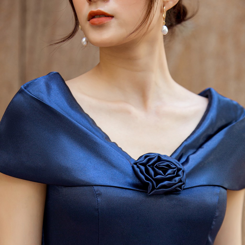 Đầm xòe dự tiệc 2 lớp thời trang Eden bẹt vai phối hoa chất liệu satin siêu mịn quyến rũ - D428