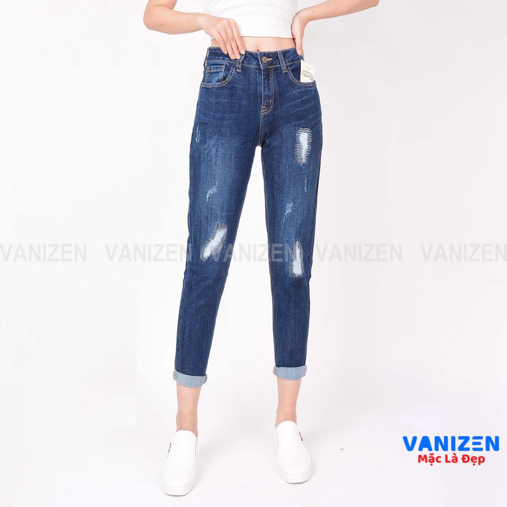 Quần jean nữ ống rộng baggy đẹp lưng cao cạp căn bản rách thêu hàng hiệu cao cấp mã 459 VANIZEN