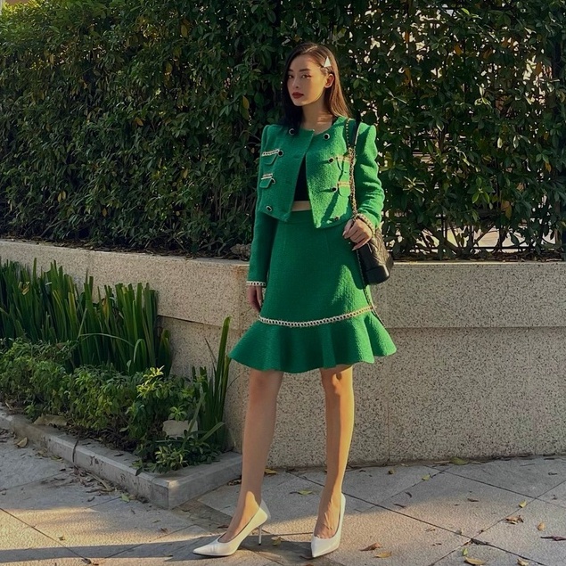 Set áo dạ tweed cổ tròn và chân váy đuôi cá HUONG BOUTIQUE HBVEST170