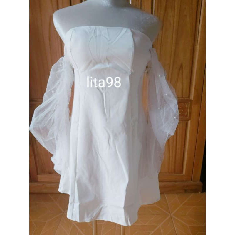 Váy trễ vai dự tiệc phối tay lưới siêu xinh kèm ảnh thật SẴN TRẮNG SIZE S, L | BigBuy360 - bigbuy360.vn