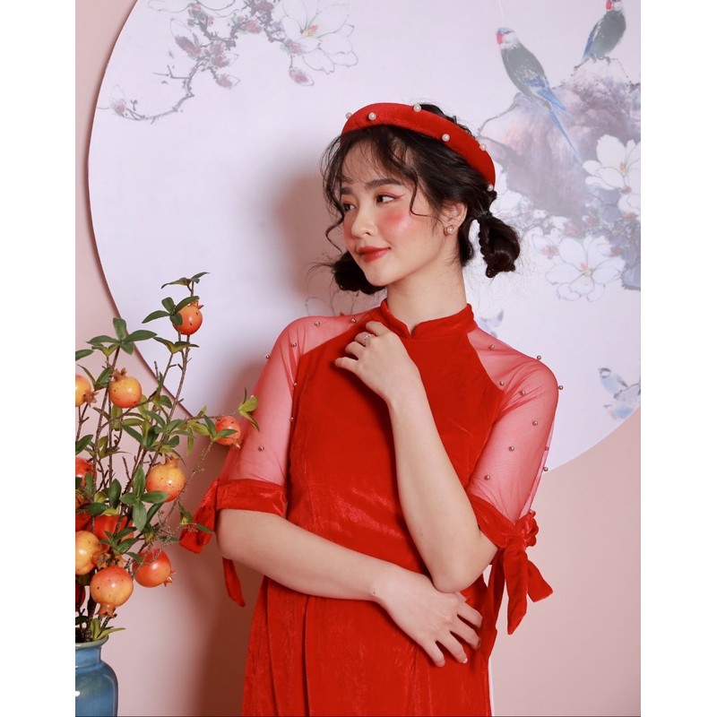 ÁO DÀI TẾT - LITTLE BOW AODAI - ÁO DÀI CÁCH TÂN TAY NƠ ĐÍNH CƯỜM