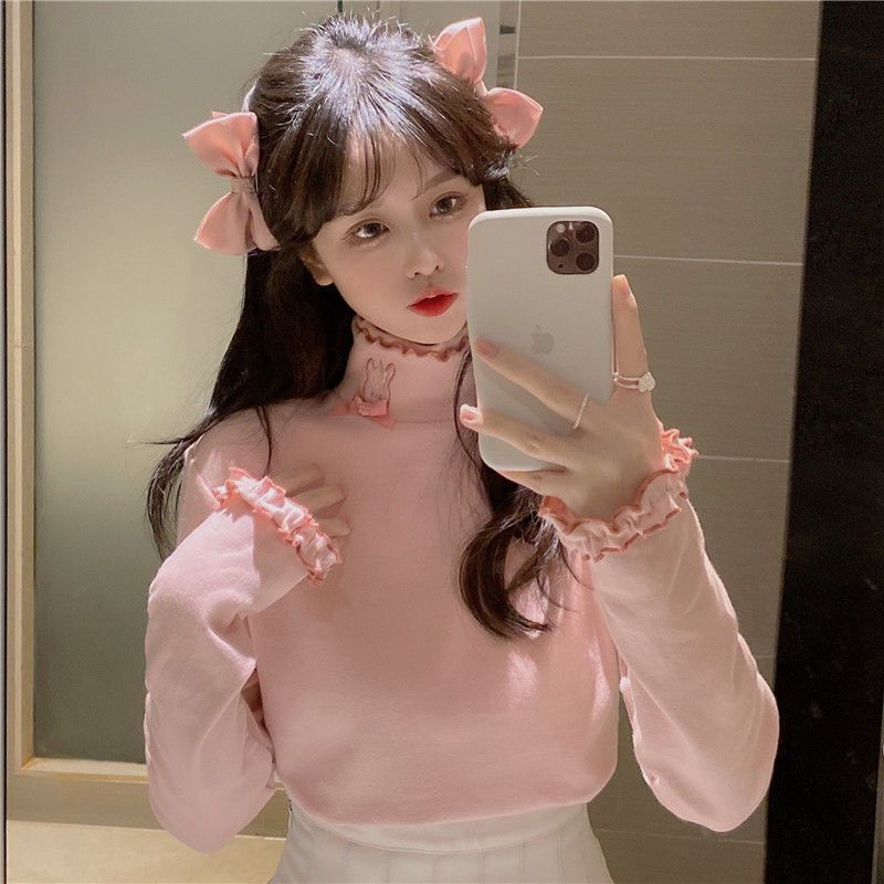 Áo Thun Tay Dài Cổ Cao Phối Lông Đính Nơ Dễ Thương Cho Nữ Sinh