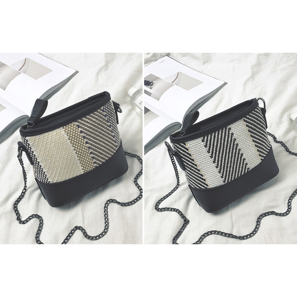 Túi Cói Vân Sọc Phối Da Khóa Kéo Cực Hot