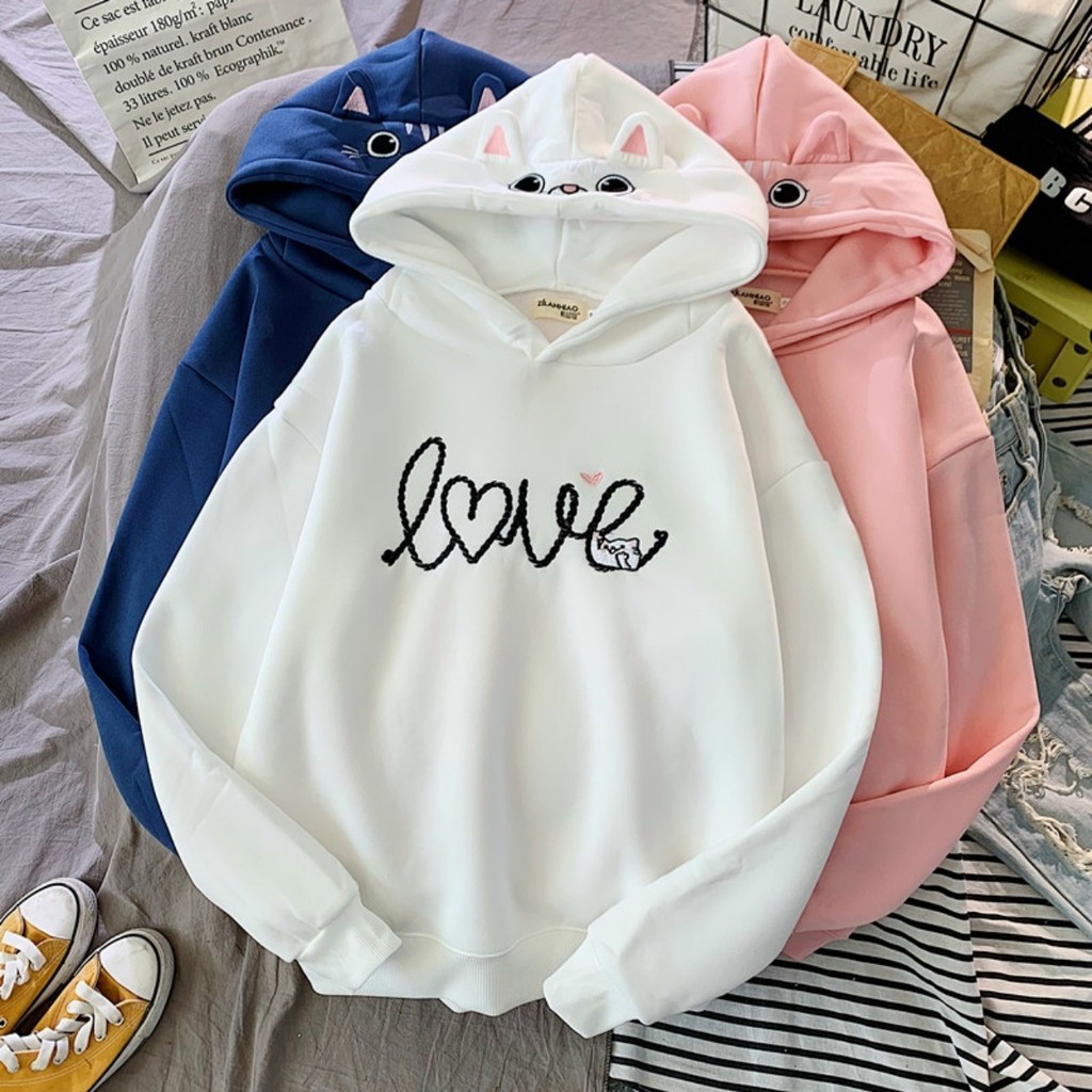 Áo hoodie Nữ thêu chữ Love, phối nón hình Mèo i hình - Hot trend 2021 | BigBuy360 - bigbuy360.vn