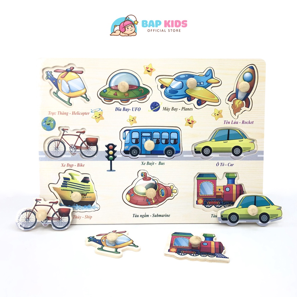 Đồ Chơi BAPKIDS,  Bảng Ghép Hình Núm Gỗ Nhiều Chủ Đề