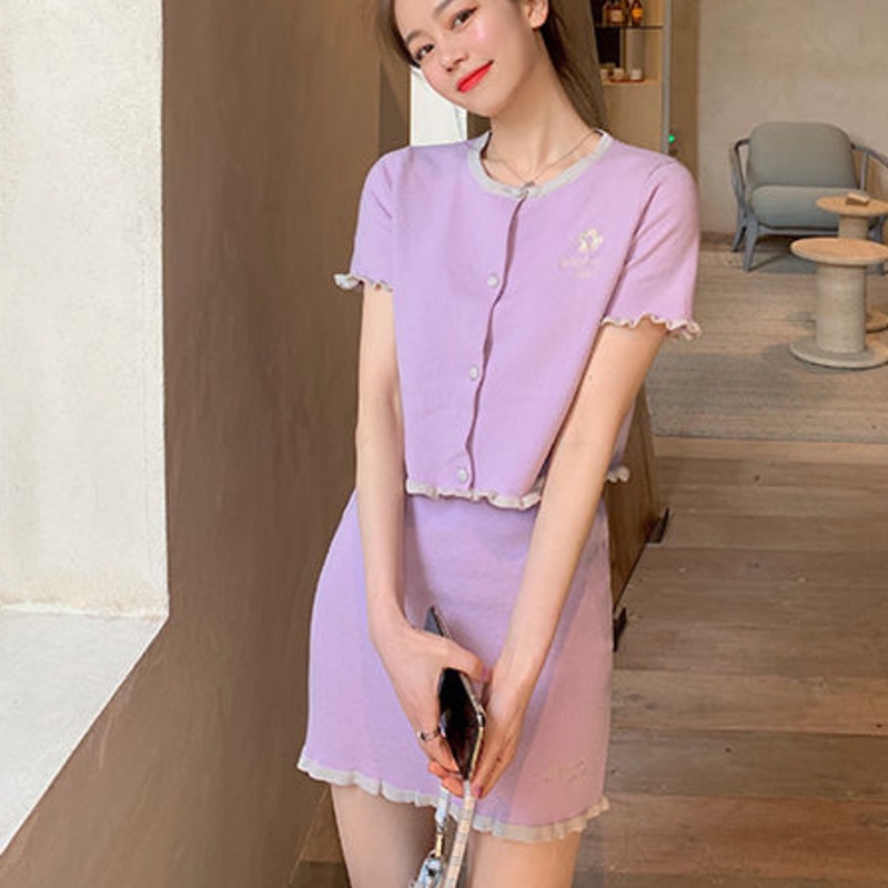 Set Áo Len Ngắn Tay + Chân Váy Lưng Cao Thời Trang Nữ