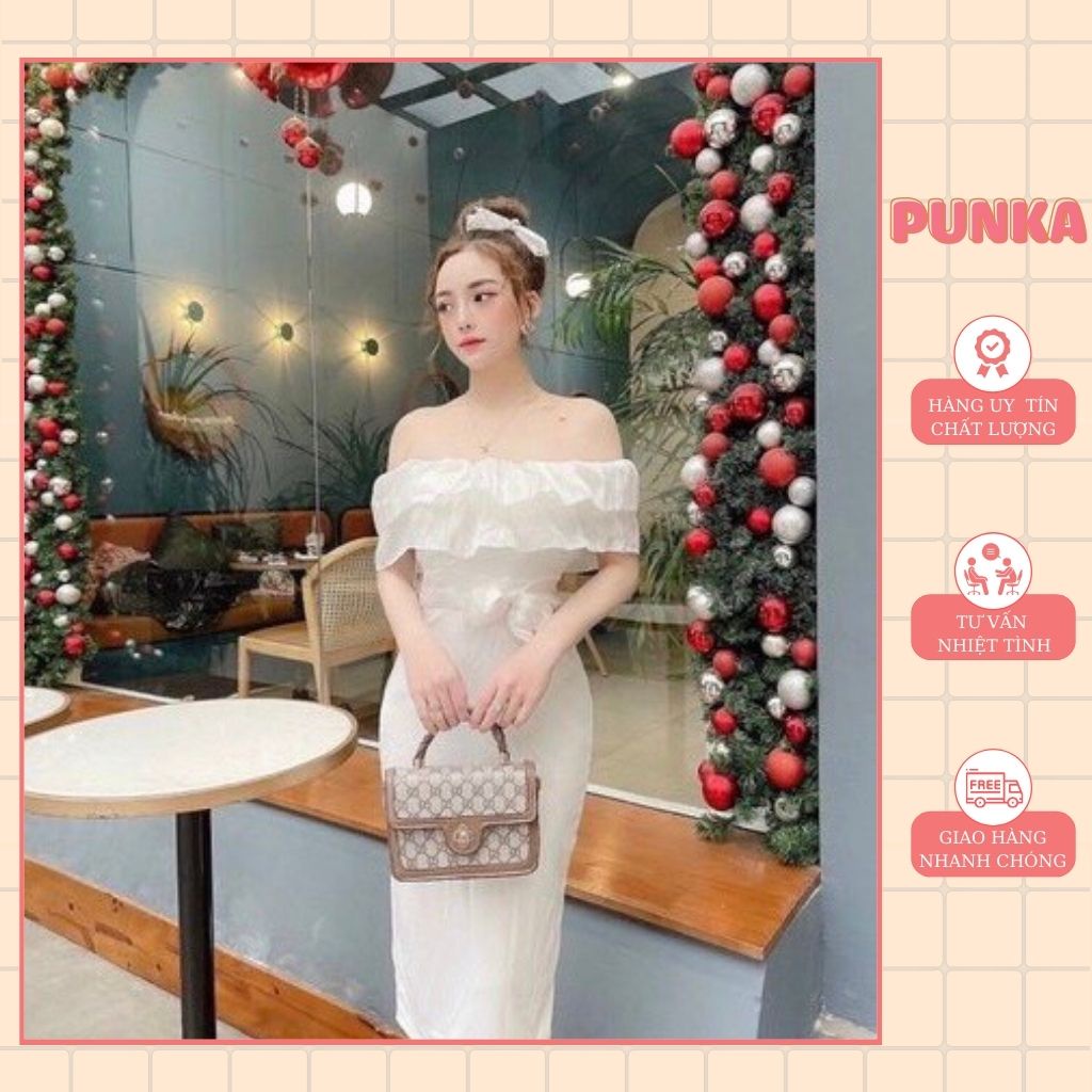 Đầm trắng trễ vai phối bèo điệu đà kèm đai thắt nơ siêu xinh