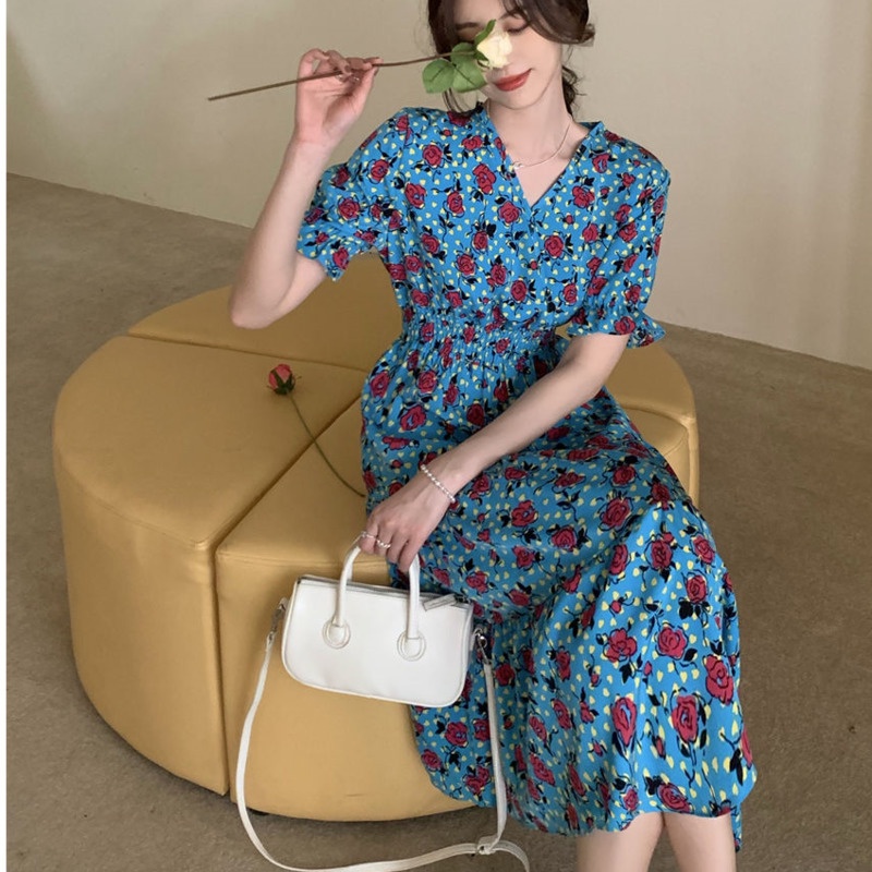 Váy Hoa Cổ Điển 175286 Đầm Dài Qua Gối Cổ Chữ v In Họa Tiết Hoa Thanh Lịch Dành Cho Nữ