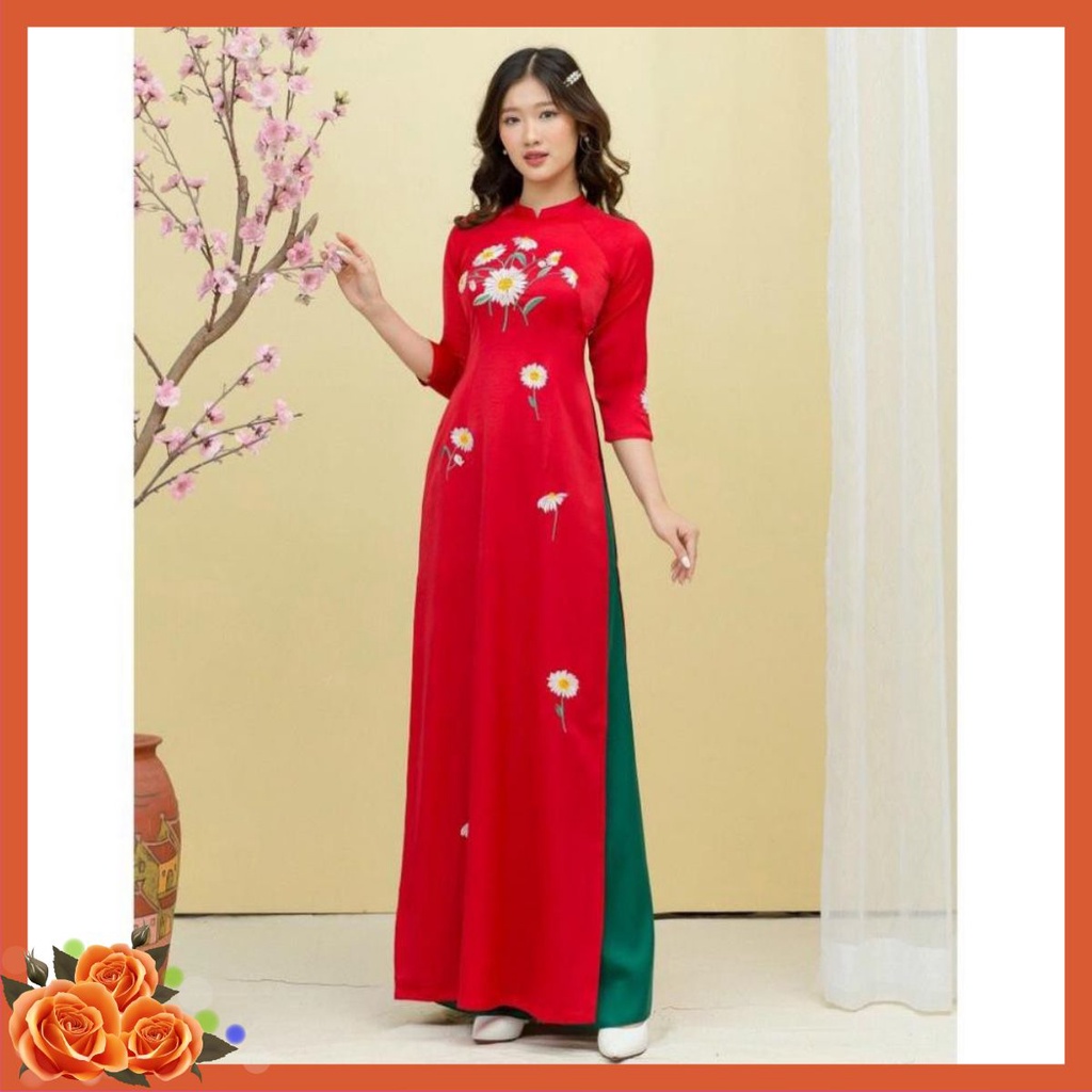 ÁO DÀI TRUYỀN THỐNG LỤA TÂY THI THÊU HOA MAI KÈM QUẦN