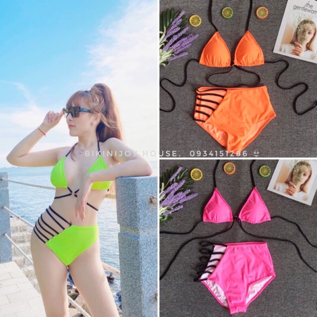 Bikini bộ bơi neon phối đan dây lưng cao