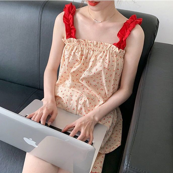 [Spot] red mesh print / explosive suit / cherry / sling / top / shorts / loose pajamas / women