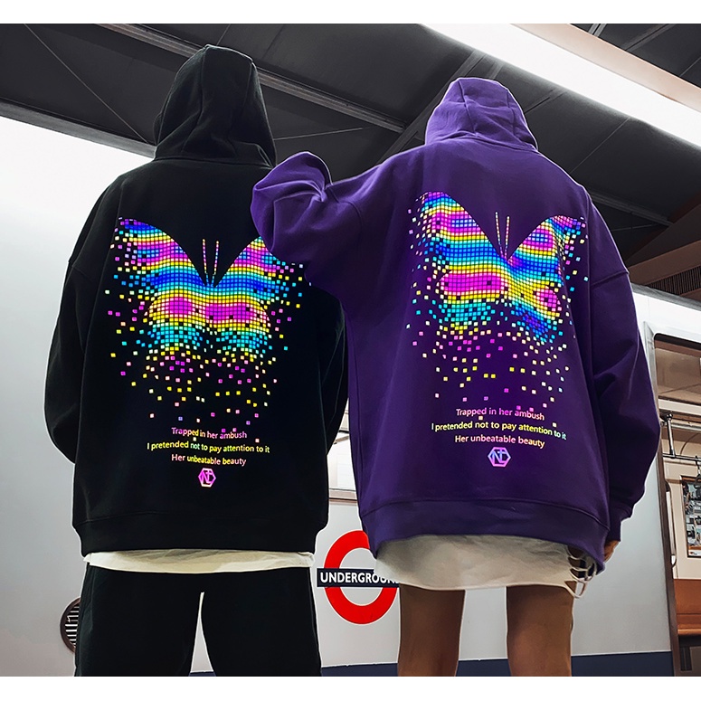 [m-8xl] Hooded Sweater hat t reflective butterfly printed   hoodie sweater Guochao Street hip hop Jacket for men and women in autumn and winter