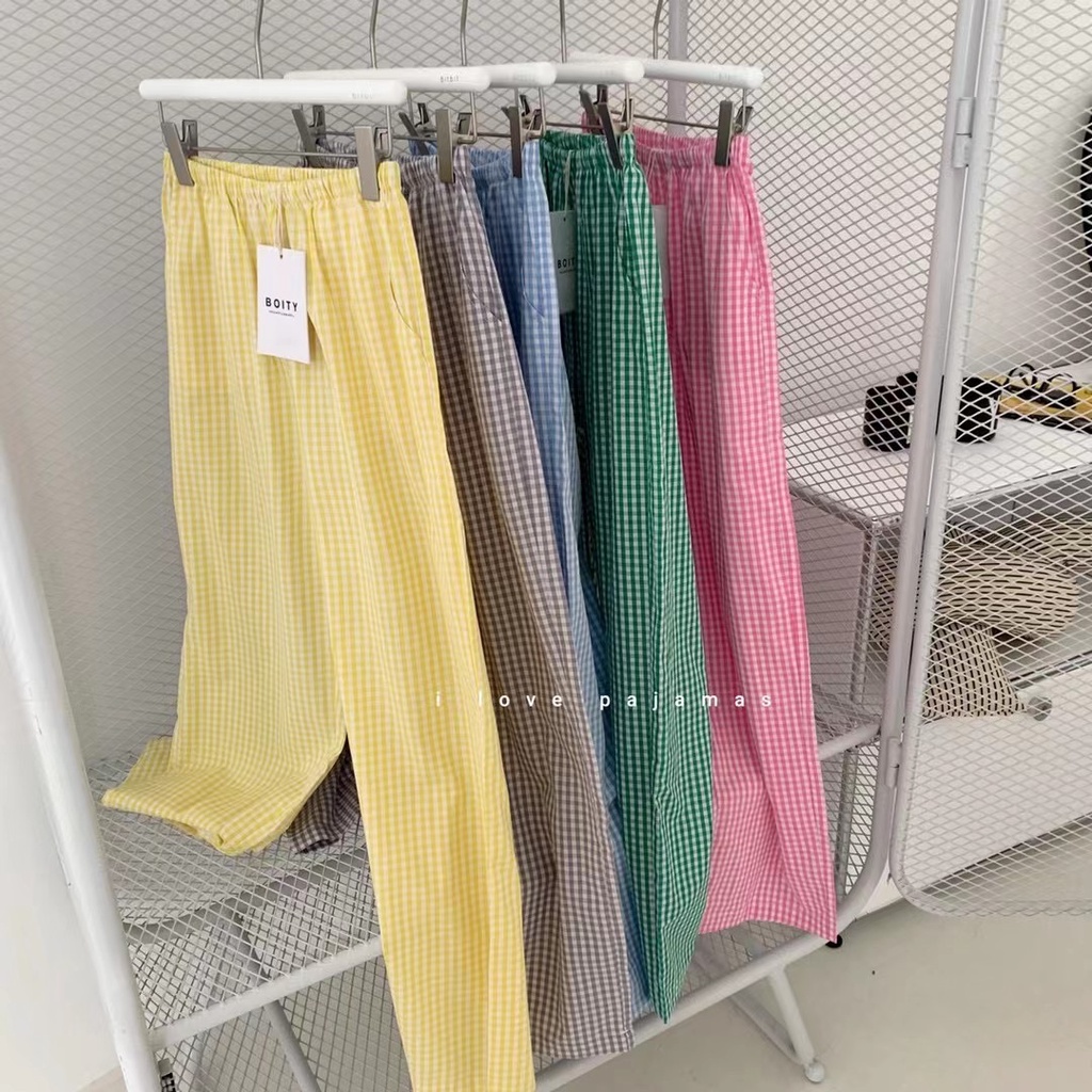 Quần short cotton ống rộng họa tiết sọc caro phong cách Hàn Quốc thời trang xuân hè cho nữ