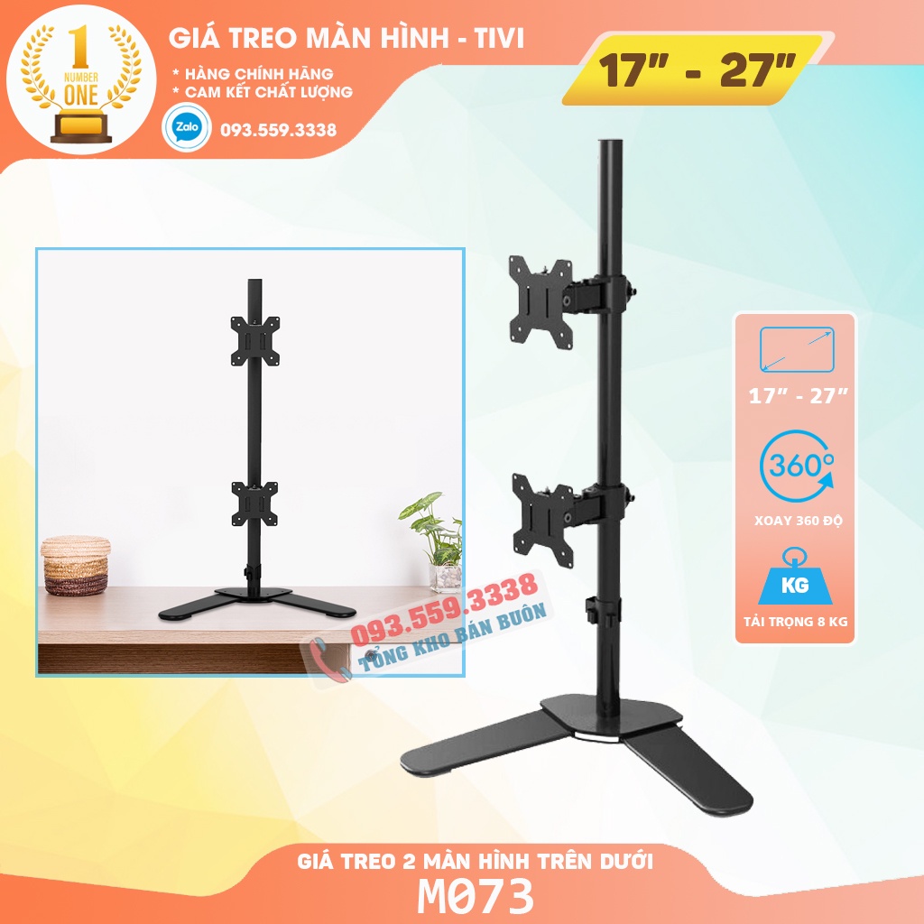 Giá Treo 2 Màn Hình Xếp Màn Trên / Dưới M073 17 - 27Inch - Thiết Kế Chân V Để Bàn Chắc Chắn - Tải Trọng 8Kg 1 Tay