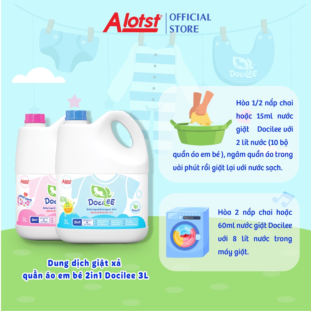 Nước Giặt THÁI LAN DOCILEE 3 LÍT , Nước Giặt Xả Quần Áo Em Bé 2 in1 Docilee